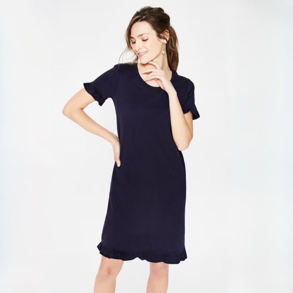 Boden Emily Navy Blue Ruffle Short Sleeve Jersey Knit Dress